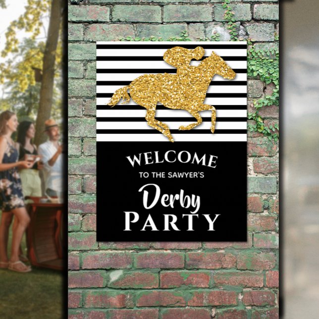 Affiche Bienvenue Gold Racehorse Derby Party (Gold Horse Black White Stripes Derby Welcome Poster - INSTANT DOWNLOAD and/or PRINTED)