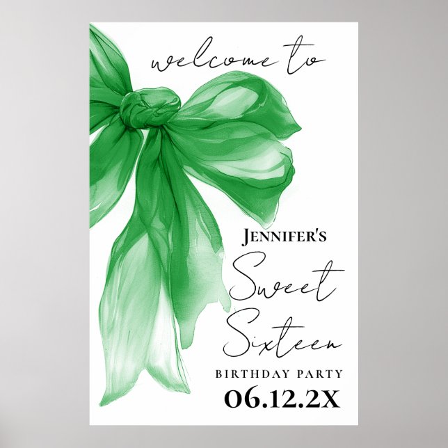 Affiche Bienvenue Green Bow Coquette Script Sweet 16  (Devant)