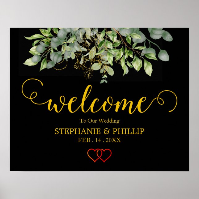Affiche Bienvenue Green Eucalyptus Foliage Mariage noir (Devant)