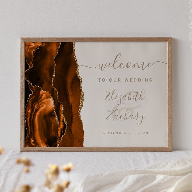 Affiche Bienvenue Mariage Agate Orange Brûlé Or Ivoire (Créateur téléchargé)