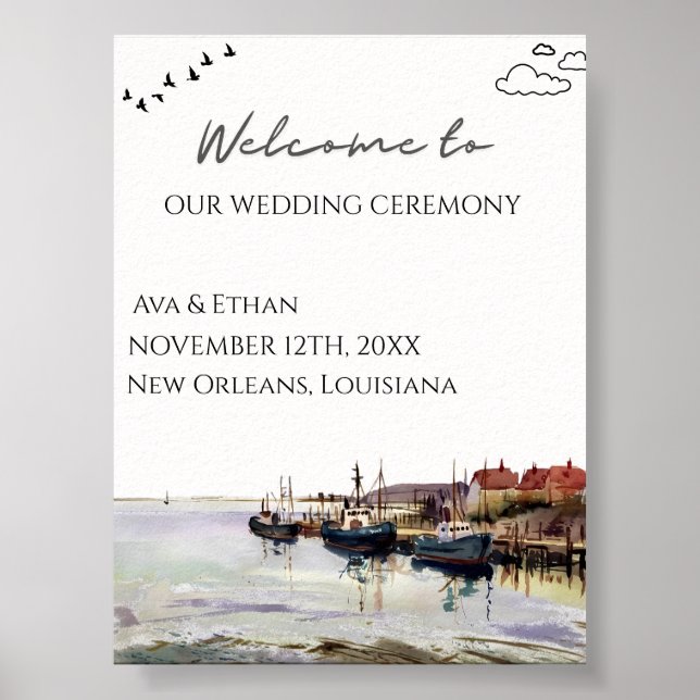 Affiche Bienvenue Mariage Aquarelle Paysage Marin Portuair (Devant)