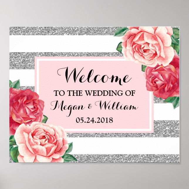 Affiche Bienvenue Mariage Blush Silver Stripes Rose Floral (Devant)