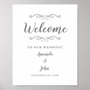 Affiche Bienvenue Mariage Calligraphie Élégante Gris Blanc