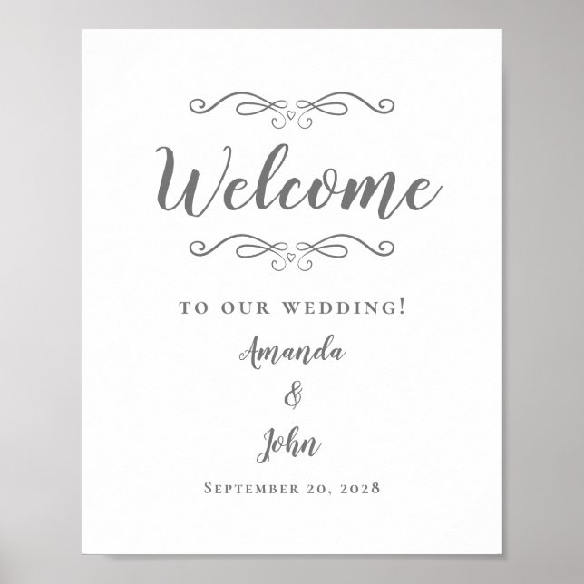 Affiche Bienvenue Mariage Calligraphie Élégante Gris Blanc (Devant)
