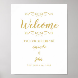 Affiche Bienvenue Mariage Calligraphie Élégante Or & Blanc