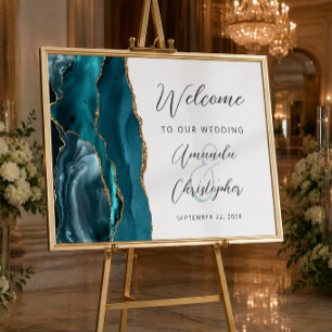 Affiche Bienvenue Mariage Écriture Or Agate Sarcelle