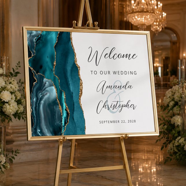 Affiche Bienvenue Mariage Écriture Or Agate Sarcelle (Créateur téléchargé)