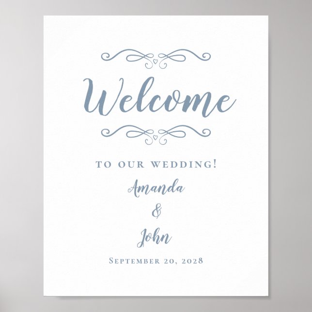 Affiche Bienvenue Mariage Élégante Calligraphie Bleu Pouss (Devant)