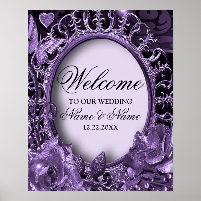 Affiche Bienvenue Mariage Fête Cadre Floral Violet Élégant (Devant)