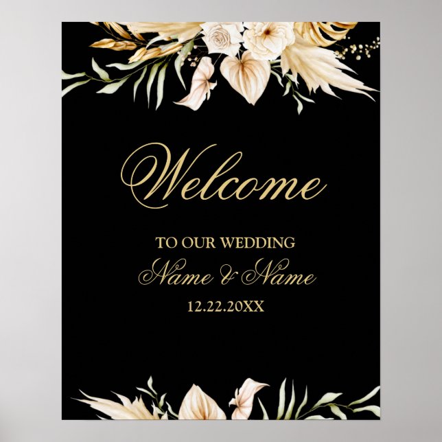 Affiche Bienvenue Mariage Fête Rose Floral Or Noir (Devant)