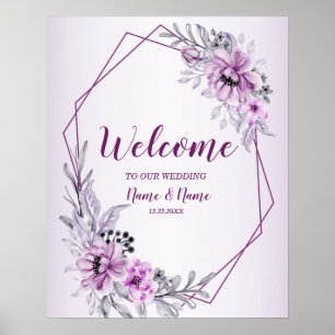 Affiche Bienvenue Mariage Fête Rose Floral Violet Pourpre