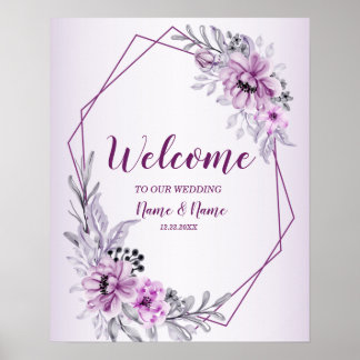 Affiche Bienvenue Mariage Fête Rose Floral Violet Pourpre