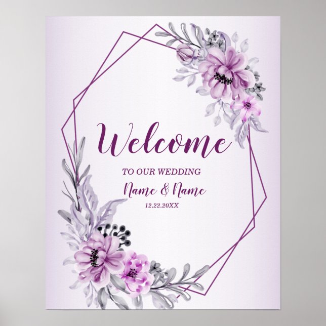 Affiche Bienvenue Mariage Fête Rose Floral Violet Pourpre (Devant)