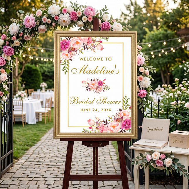 Affiche Bienvenue Mariage Fleur Rose Aquarelle Or (Customize to change text style, color or size.)
