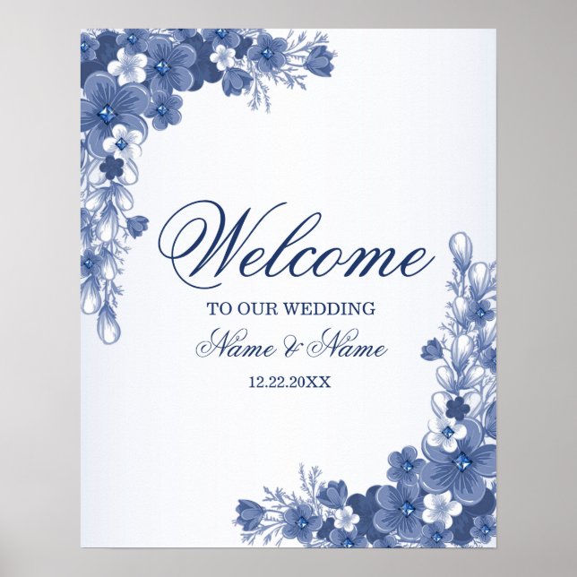Affiche Bienvenue Mariage Fleurs Bleu Élégant Rustique (Devant)