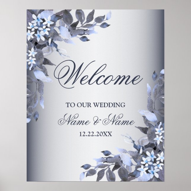 Affiche Bienvenue Mariage Fleurs Bleu Marine Moderne (Devant)