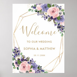Affiche Bienvenue Mariage Fleurs Roses Lavande Rose Pâle