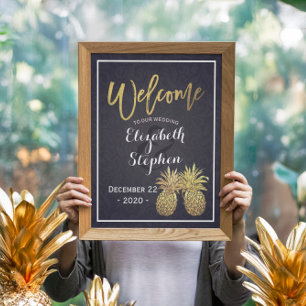 Affiche Bienvenue Mariage Golden Pineapple Couple Bleu Mar