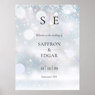 Affiche Bienvenue Mariage Hivernal Monogramme Noir et Or