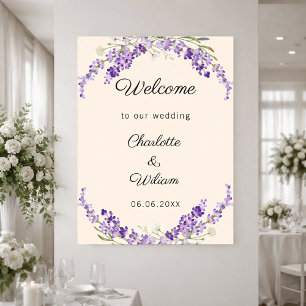 Affiche Bienvenue mariage lavande aquarelle crème