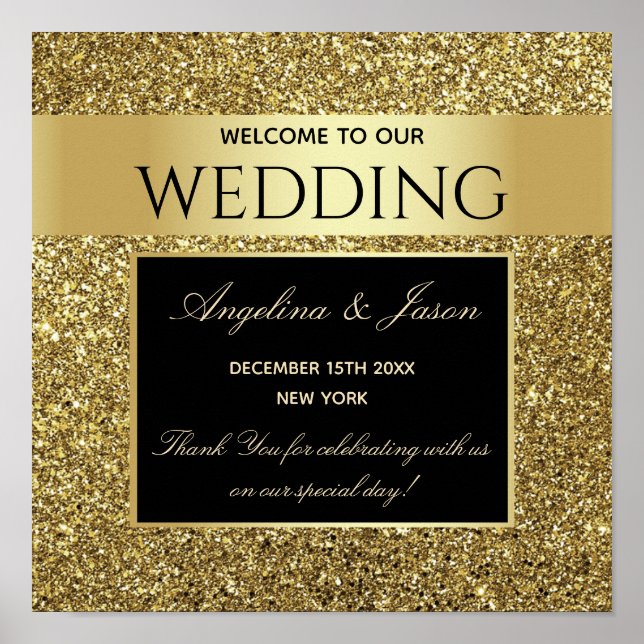 Affiche Bienvenue Mariage Paillettes Or (Devant)