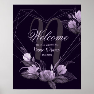 Affiche Bienvenue Mariage Party Violet Floral Frame