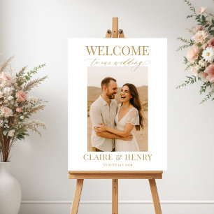 Affiche Bienvenue Mariage Photo Blanc Écriture Dorée