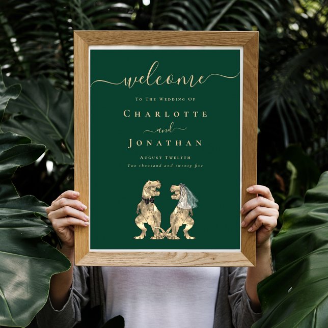 Affiche Bienvenue Mariage Thème Dinosaure Vert Foncé (Dinosaur wedding welcome dark green sign T-Rex dino bride and groom elegant modern script )