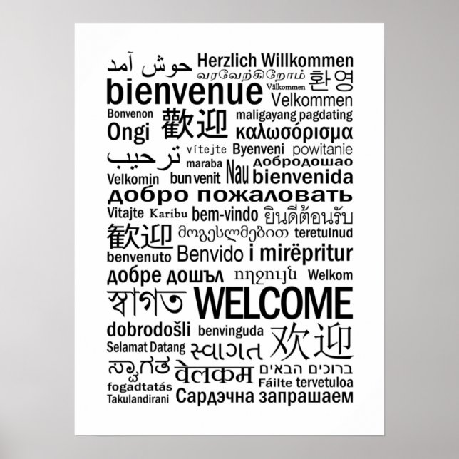 Affiche Bienvenue multilingue noir et blanc (Devant)