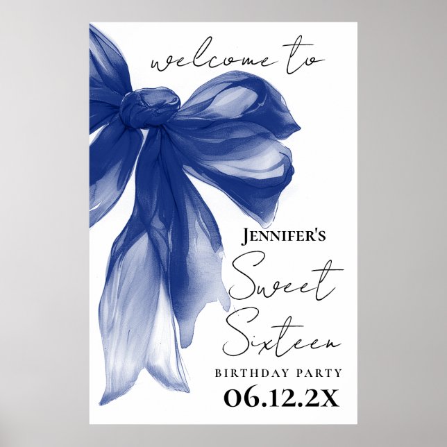 Affiche Bienvenue Navy Bow Coquette Script Sweet 16  (Devant)