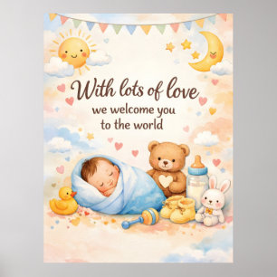 Affiche Bienvenue nouveau-né aquarelle avec Teddy