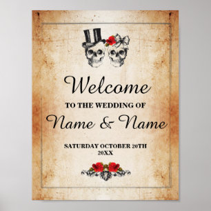 Affiche Bienvenue Panneau Crâne Rustique Halloween Mariage