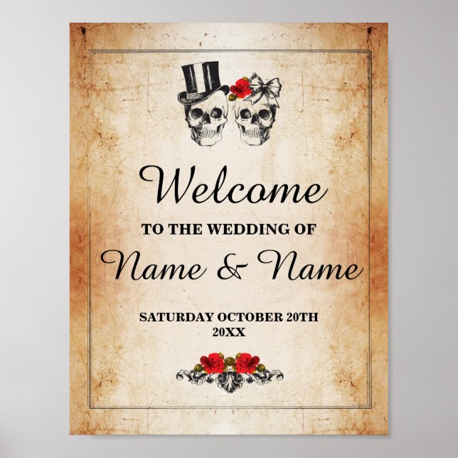 Affiche Bienvenue Panneau Crâne Rustique Halloween Mariage (Devant)