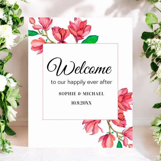 Affiche Bienvenue Panneau de mariage floral rose blanc (Créateur téléchargé)