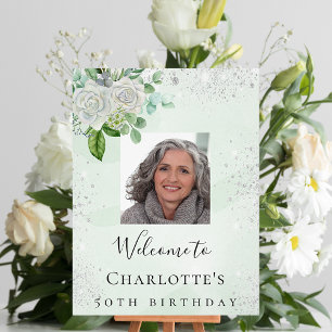 Affiche Bienvenue photo florale verte argentée pour annive