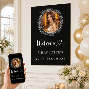 Affiche Bienvenue photo pailleté noir argent pour annivers