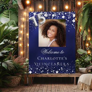 Affiche Bienvenue photo Quinceanera étoiles bleues argenté