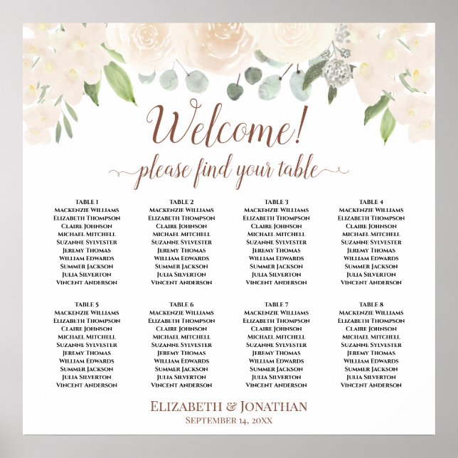 Affiche Bienvenue ! Plan de table à 8 tables Roses pêche r (Devant)