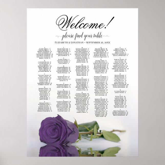 Affiche Bienvenue ! Plan de table alphabétique Amethyst Ro (Devant)