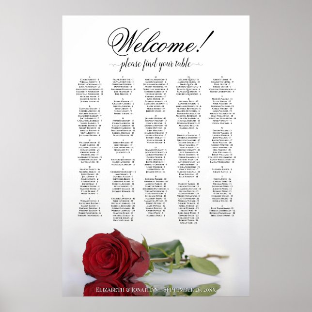 Affiche Bienvenue ! Plan de table alphabétique Rose Rouge (Devant)