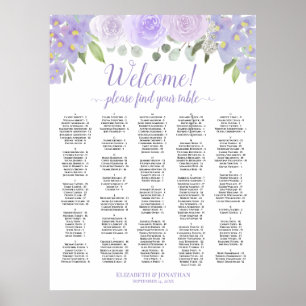 Affiche Bienvenue Plan de table alphabétique Roses Lavande