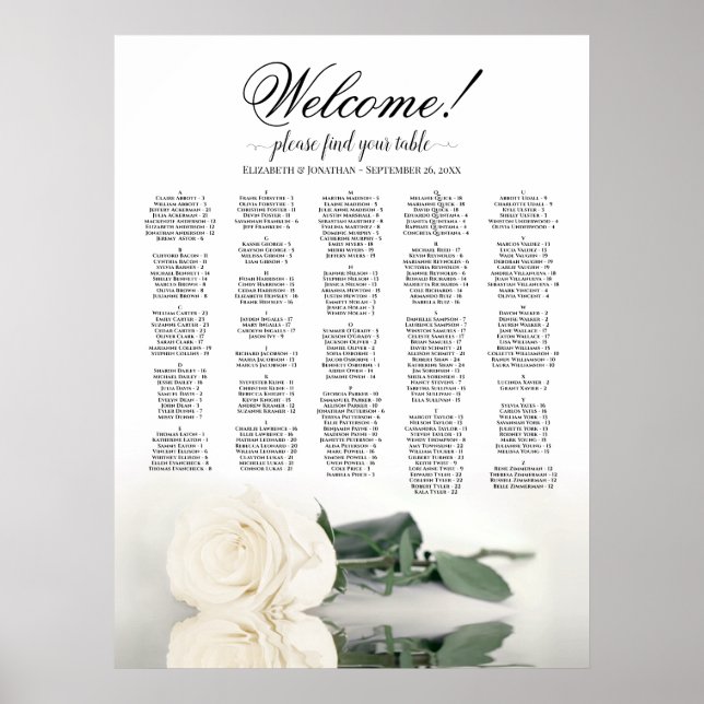 Affiche Bienvenue ! Plan de table alphabétique White Rose (Devant)