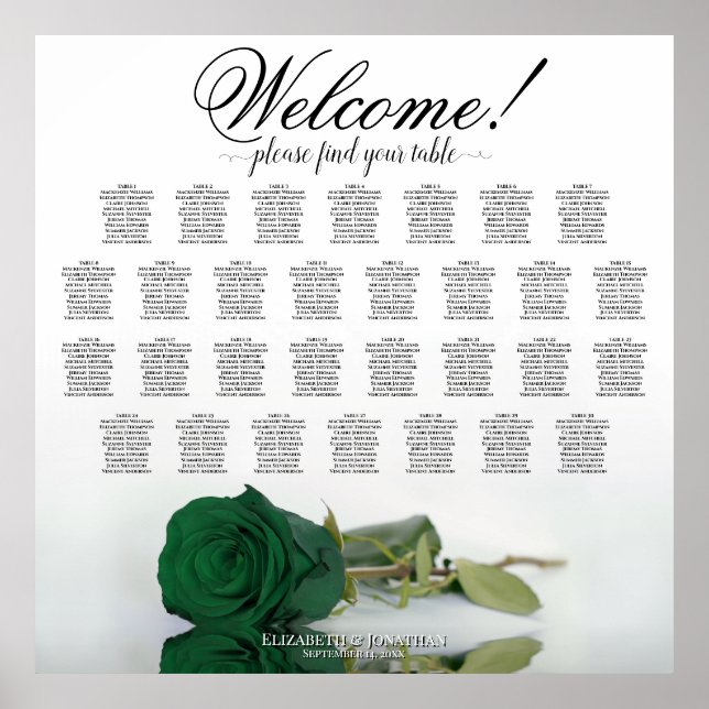 Affiche Bienvenue ! Plan de table de 30 personnes avec ros (Devant)