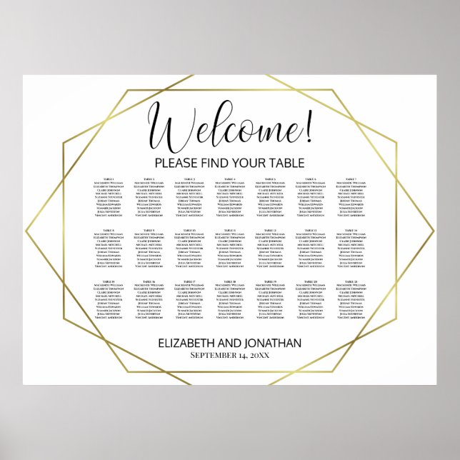 Affiche Bienvenue ! Plan de table géométrique or 21 tables (Devant)