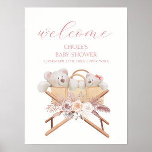 Affiche Bienvenue pour la Baby Shower Fille Ourson Bohème