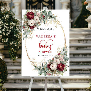 Affiche Bienvenue pour la Baby Shower Fleurs bordeaux et o