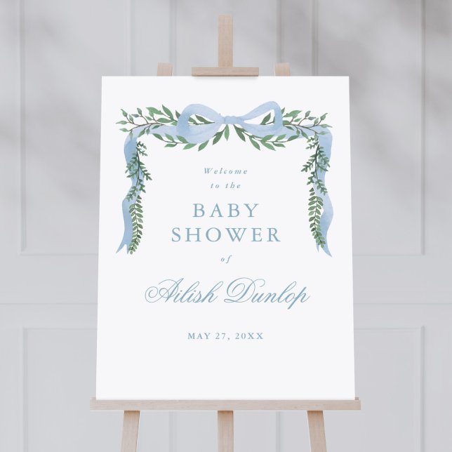 Affiche Bienvenue pour la Baby Shower Garçon avec un éléga (Elegant blue bow baby shower welcome poster. Available as a  printed poster or an instant download. )