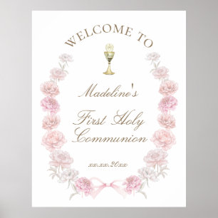 Affiche Bienvenue pour la Première Communion en roses peon