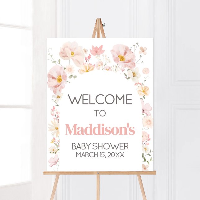 Affiche Bienvenue pour l'arche de fleurs sauvages bébé en  (Boho Arch Wildflower Baby in Bloom Baby Shower Welcome Sign)