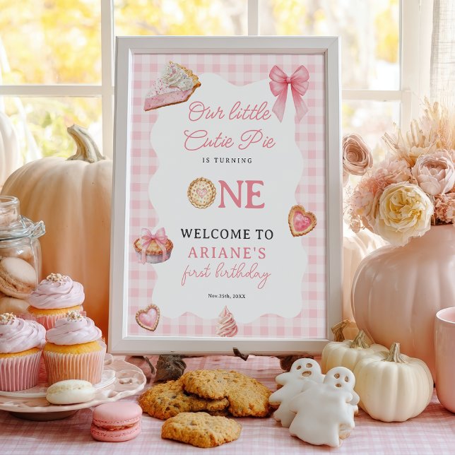 Affiche Bienvenue pour le premier anniversaire de la petit (Pink Coquette Cutie Pie First Birthday Welcome Poster)